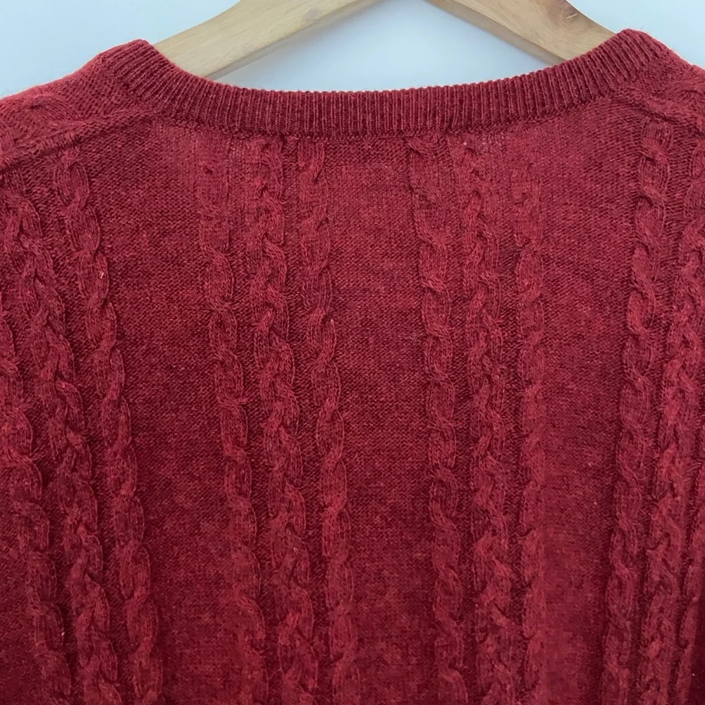 ARSLANLI DEEP RED/BURGUNDY V NECK CABLE KNIT WOOL BLEND SWEATER, LARGE - Picture 3 of 12